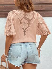 Reflora Plus Size Elegant Waffle Knit Patchwork Ruffle Sleeve T-Shirt - Coral Orange - View 2