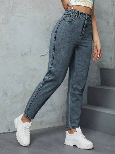 SHEIN ICON 休闲水洗高腰锥形牛仔裤