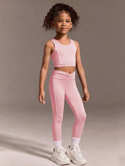 SHEIN Young Girls Clothing: Fashionable, Sporty, Outdoor Knitted, Hollowed-Out Vest With A Sense Of Design, Cross-Twisted Long Pants, High Elasticity, Suitable For Outdoor Sports Suits
