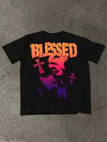 Manfinity EMRG 男士休闲十字字母印花T恤，夏季款 - 黑色 - 查看 4