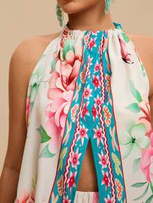 Travachic Bộ jumpsuit cỡ lớn cổ yếm xẻ tà, họa tiết nhiệt đới, hở vai, dáng rộng thanh lịch, thích hợp mặc hàng ngày và đi nghỉ mát, mùa xuân/hè, họa tiết đối xứng. - Nhiều màu - Xem 13
