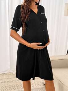 SHEIN Maternity Front Button Short Sleeve Delivery Dress - Black - View 5