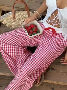 SHEIN EZwear Quần ống rộng kẻ caro đỏ dáng casual dành cho nữ - Đỏ và trắng - Xem 4