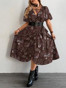 Whyspr Fashionable V-Neck Sexy Short Sleeve Waist Cinching Printed Dress - Brown - View 3
