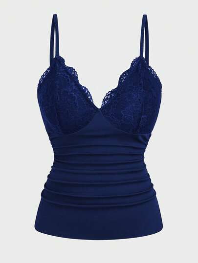 Sweetra Plus Size Women Lace Patchwork Ruffle Elegant Vintage Cute Bodycon Ruffle Camisole