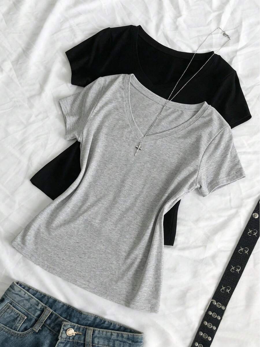 Sweetra Áo thun ôm sát dáng ngắn cổ chữ V tay ngắn dành cho nữ cỡ lớn - Xám - Xem 1
