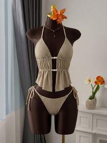 Bellisia Women's Summer Beach Plaid Halter Tie Sexy Tankini Swimsuit Set - Apricot - View 1