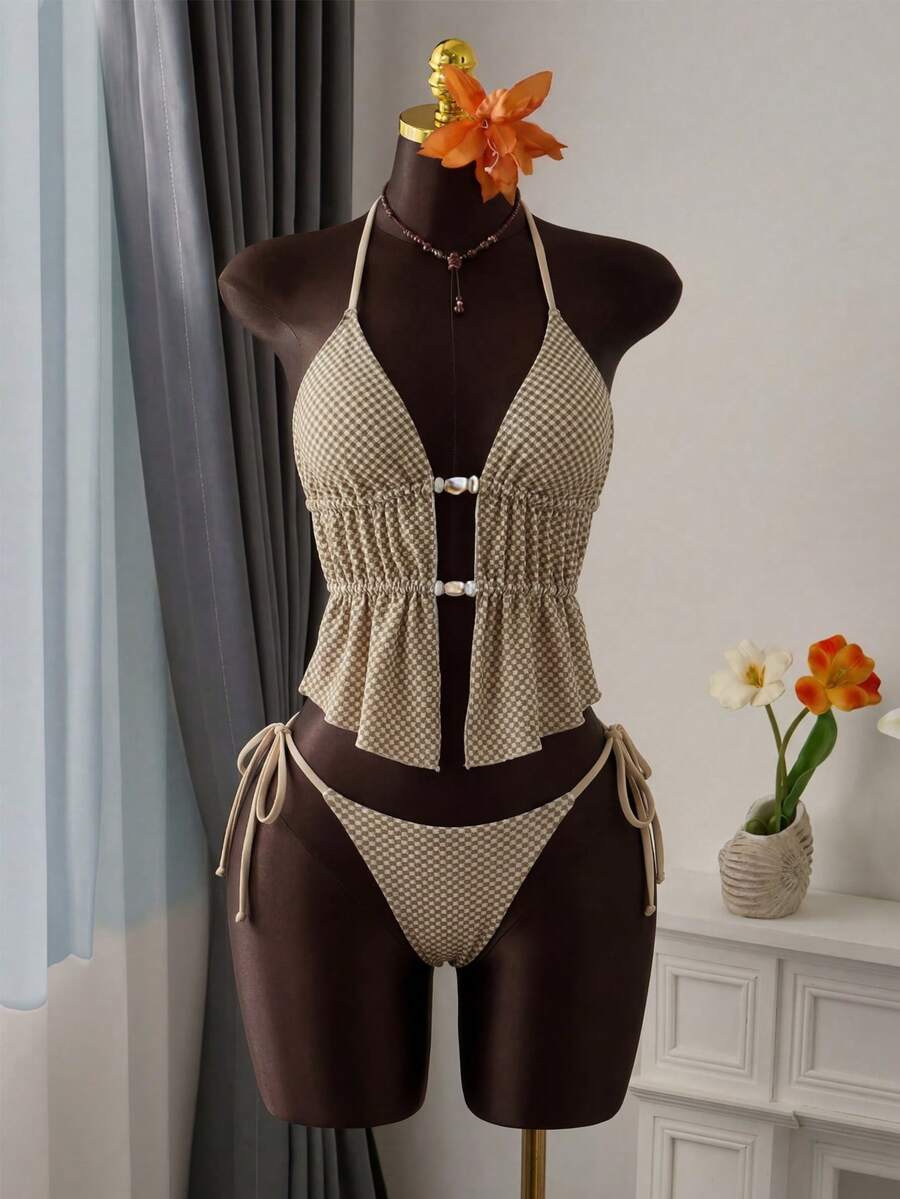 Bellisia Women's Summer Beach Plaid Halter Tie Sexy Tankini Swimsuit Set - Apricot - View 1