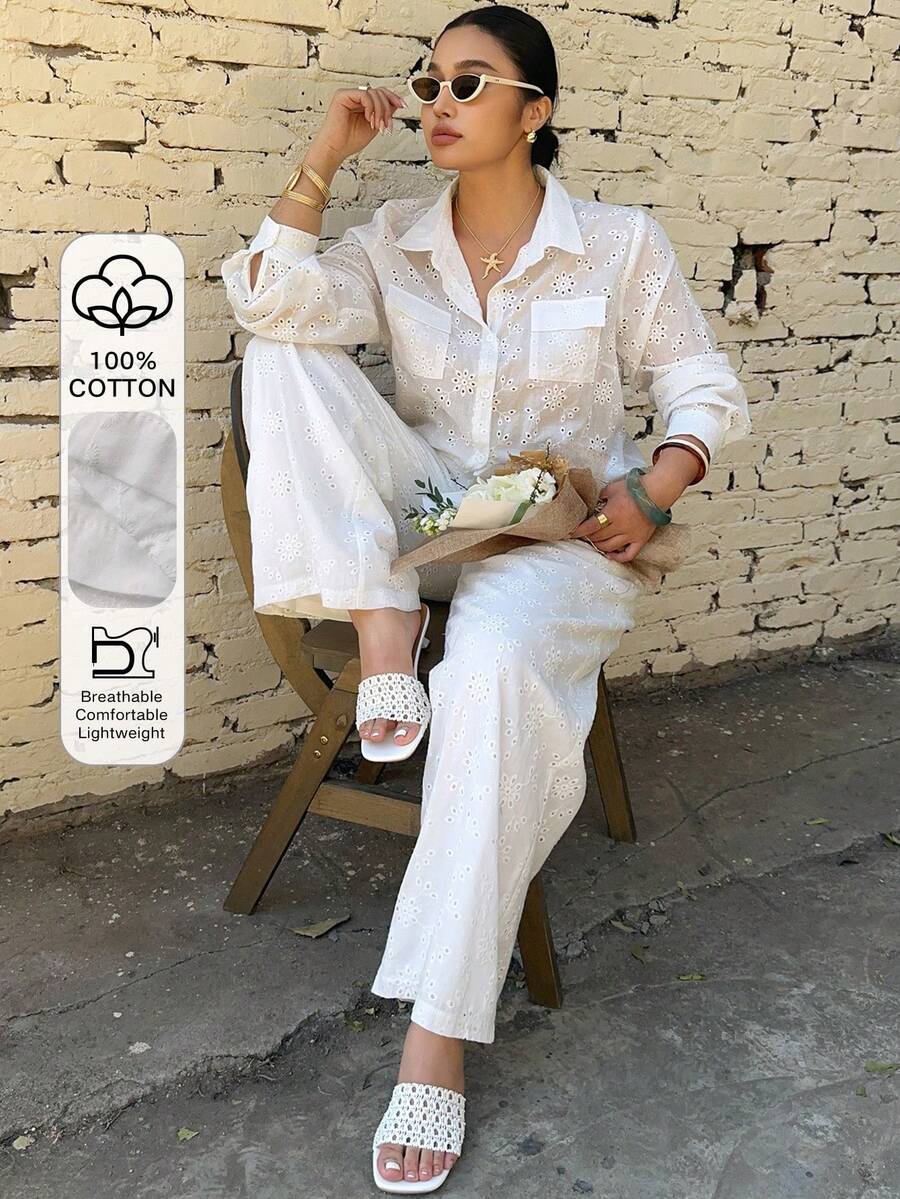 Dazy Plus 两件套优雅蕾丝宽松翻领长袖上衣和直筒长裤，大码女式休闲套装，春秋季，白色 - 白色 - 查看 1