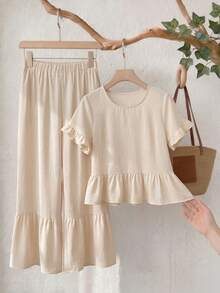 SHEIN Frenchy 大码休闲纯色荷叶边衬衫和裤子两件套 - 杏色 - 查看 8