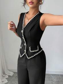 Elenzga Women's Black And White Summer Elegant Office Suit Two Pieces,Vintage V-Neck Exquisite Button Sleeveless Pocket Flap Contrast Color Trim Knit Vest - Multicolor - View 3