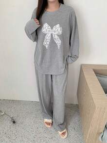 Dazy Plus Plus Size Women Bow Print Long Sleeve Top And Pants Pajama Set - Grey - View 8