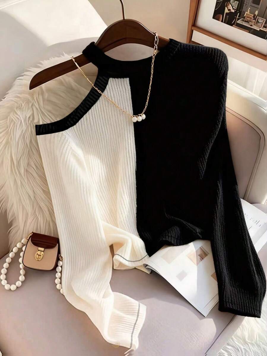 Franclia Camiseta de manga larga con hombro asimétrico y bloque de color para mujer, top de punto acanalado, primavera/otoño - Blanco y Negro - Ver 1