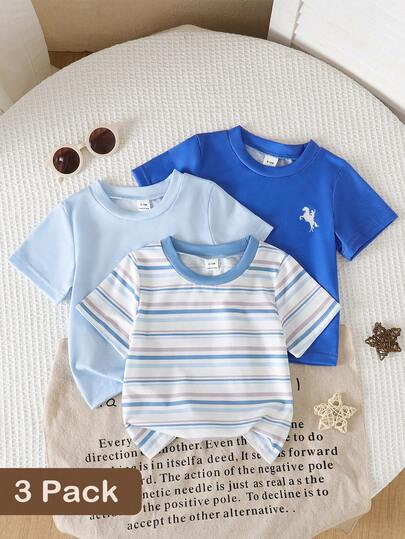 SHEIN Vintaside Kids 男婴纯色条纹圆领短袖上衣