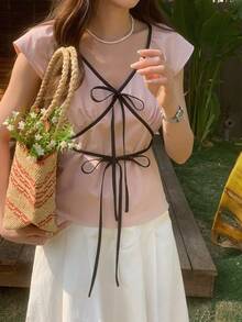 FRIFUL Áo kiểu nữ cổ chữ V, phối viền tương phản, ôm dáng, thắt nơ phía trước, phong cách thường ngày. - Hồng - Xem 3