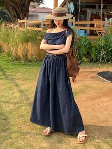 FRIFUL Women's Vacation Asymmetrical Shoulder Ruched Denim Dress - Blue - View 9