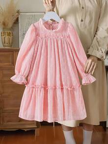 SHEIN Vintaside Kids 女童优雅公主风荷叶边领花瓣袖提花刺绣双层荷叶边下摆宽松公主裙，适合度假、旅行、派对、送礼、春秋季穿着 - 粉色 - 查看 4