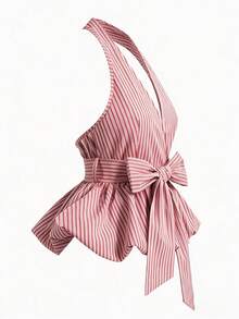 Olithes 2026新款女士裹身式露背上衣，饰有蝴蝶结，经典条纹图案 - 适合日常休闲、办公室通勤、轻松度假穿着 - 彩色 - 查看 4
