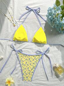 Swim Mod Bộ bikini hai mảnh màu vàng họa tiết hoa, dây đeo điều chỉnh được, kiểu dáng cắt cao, thích hợp cho kỳ nghỉ hè 2026, dành cho nữ, thích hợp cho kỳ nghỉ lễ. Bộ bikini hai mảnh họa tiết hoa màu vàng. - Nhiều màu - Xem 2