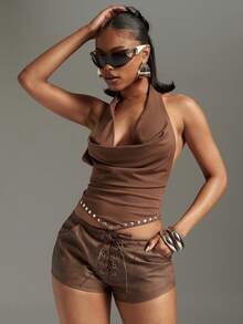 Denimoi Top halter con cuello de pañuelo, con tachuelas, sexy, para vacaciones, salidas nocturnas y citas - Café integral - Ver 5