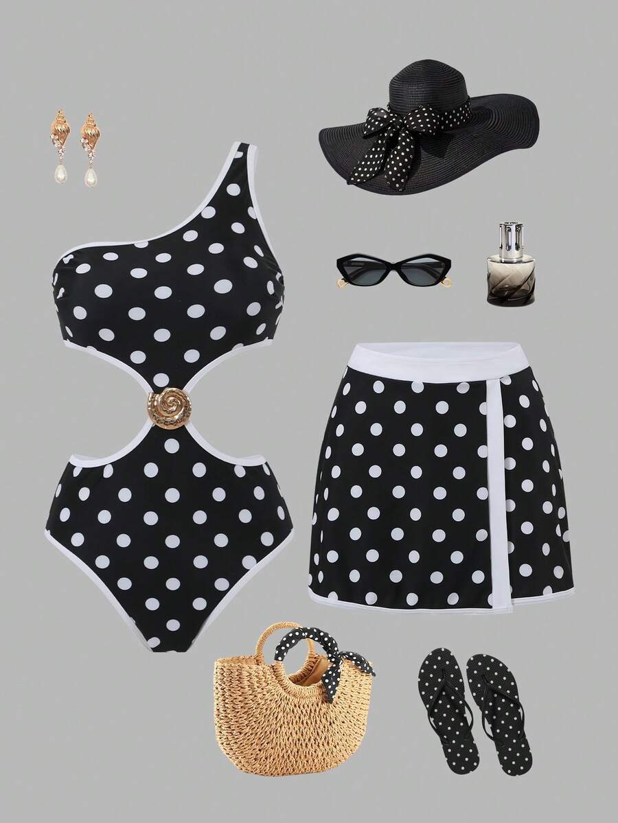 Swim Oasis Bộ đồ bơi nữ, áo tắm lệch vai in họa tiết chấm bi, váy ngắn hai mảnh, thích hợp cho kỳ nghỉ hè, đi biển. - Đen và trắng - Xem 1