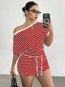 Flirla Plus Size Striped Off-Shoulder Sexy Top & Drawstring Casual Shorts Set For Women - Multicolor - View 5
