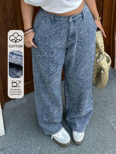 Dazy Plus Vintage Washed Blue Floral Print Relaxed Fit Long Jeans, Versatile For All Seasons