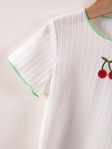 SHEIN Playful Pals 2件套女婴幼儿/新生儿0-3岁春夏可爱图案条纹针织樱桃刺绣短袖T恤和格子裤套装 - 彩色 - 查看 5