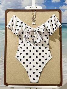 SHEIN Swim Mod Women's Sweetheart Collar Cap Sleeve Fitted Polka Dot One-Piece Swimsuit, Summer - Multicolor - View 2
