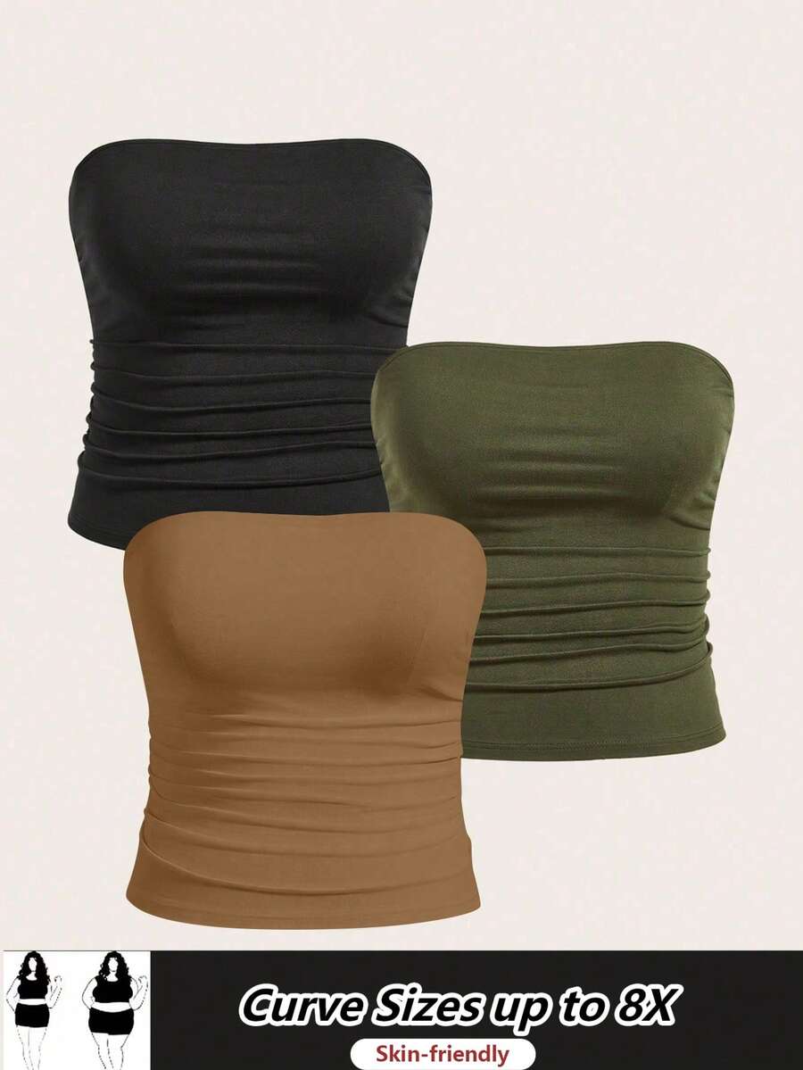 SHEIN CURVE+ 大码女装三件套基本款抹胸上衣套装 - 彩色 - 查看 1