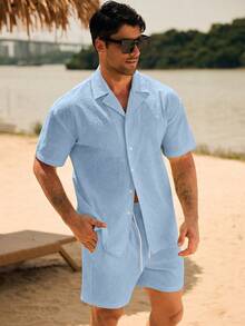 CoralVoy Men's Solid Color Regular Shoulder Short Sleeve Front Button Casual Beach Set, Holiday - Baby Blue - View 5