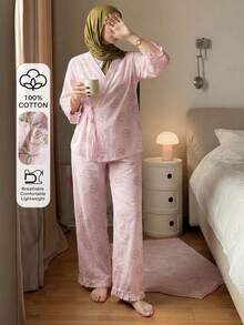 DAZY Sweet Pattern All-Over Print Frill Trim Loose Women Pajama Set - Pink - View 3