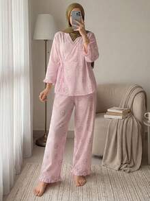 DAZY Sweet Pattern All-Over Print Frill Trim Loose Women Pajama Set - Pink - View 7