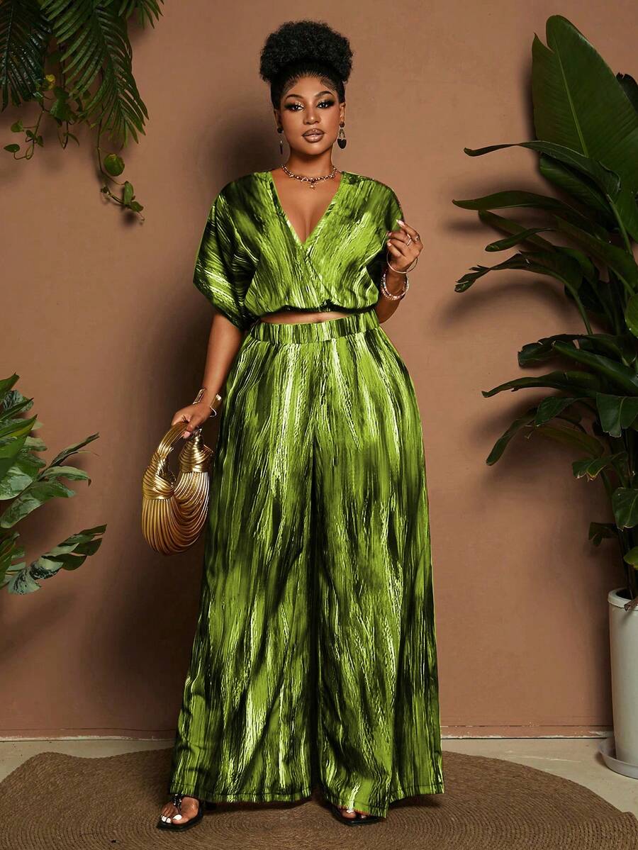 Maweii Conjunto informal de 2 piezas de talla grande para mujer, blusa de manga corta y pantalón largo estampado, para vacaciones - Verde - Ver 1