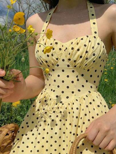 SHEIN MOD Vestido de mujer sin mangas con estampado de lunares en color amarillo pálido