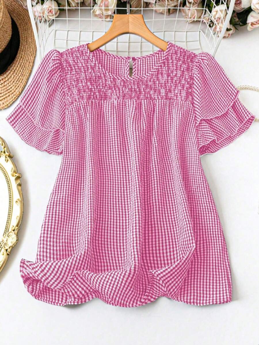 SHEIN LUNE Áo sơ mi tay ngắn cỡ lớn, thời trang cho mùa hè - Hồng - Xem 1
