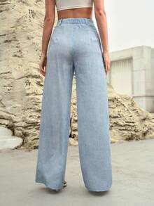 MOTF PREMIUM WOMEN'S LINEN BLEND DENIM EFFECT PRINT PLEATED WIDE LEG SUIT PANTS - Light Wash - View 7