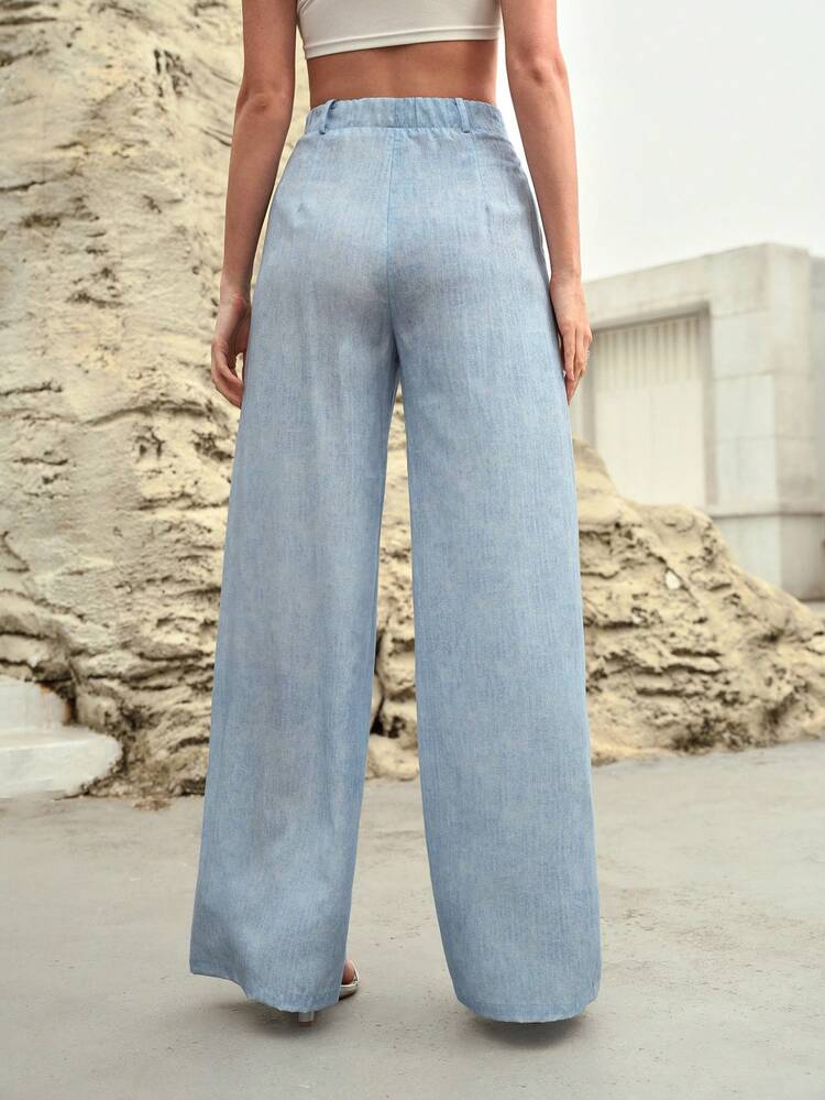 WOMEN'S LINEN BLEND DENIM EFFECT PRINT PLEATED WIDE LEG SUIT PANTS