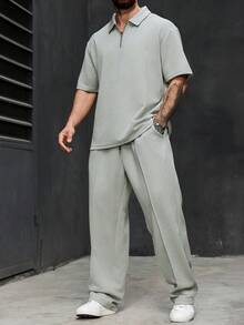 Manfinity Homme 大码男士纯色短袖Polo衫和长裤休闲通勤套装 - 淺灰色 - 查看 5