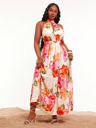Radiana Plus Size Women's Spring/Summer Casual Sexy Backless Big Floral + Polka Dot Print Flowy Swing Dress, Suitable For Everyday Wear, Music Festival, Versatile, Coachella, BOHO, Bohemian, Outing, Resort, Beach Vacation, Holiday, Seaside, Western Wear, Concert, Carnival Party, Richly Layered, Date Night, Ibiza, Nashville, Break, Modest, Chic, Club, Cute, Casual, Shopping, Streetwear, Going Out, Coquette, Easy To Match & Looks Slim, Accent Your Body, Flatter The Figure