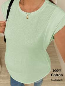 SHEIN Áo thun bầu màu trơn cổ tròn tay ngắn dáng rộng thoải mái - màu xanh lá - Xem 9