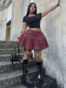 Whyspr Plus Size Women Plaid Pleated Ruffle Hem Skirt, Fashionable & Versatile For Summer - Multicolor - View 4