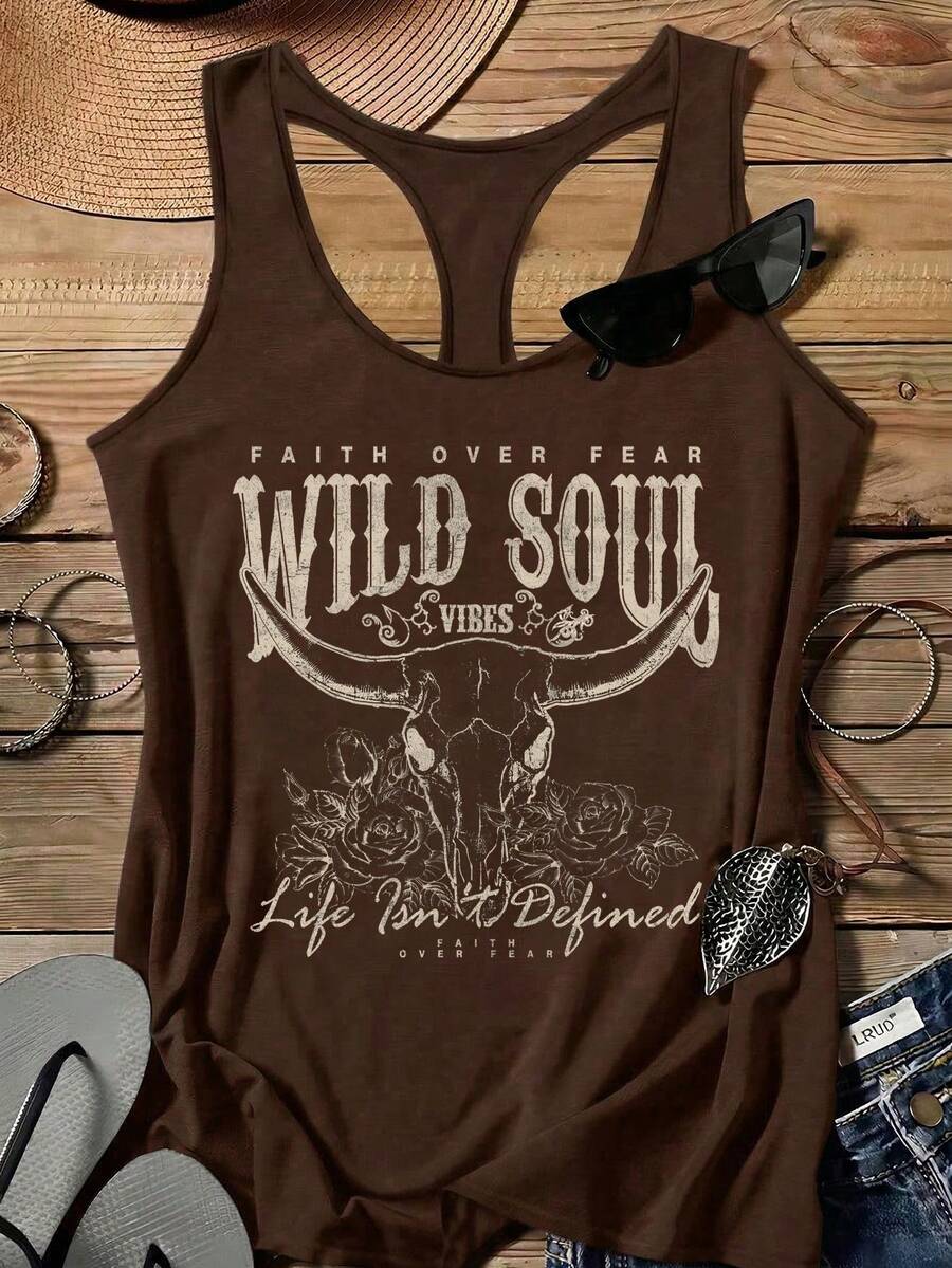 SHEIN LUNE Wild Soul Letter Print Casual Minimalist Loose Fit Camisole Tank Top, Suitable For Summer - Brown - View 1