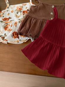 SHEIN LMoss Kids LMoss 女婴可爱针织花卉装饰纽扣背心，荷叶边装饰，3 件套，夏季必备 - 彩色 - 查看 4
