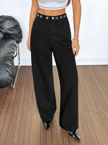 SHEIN PETITE 女士牛仔裤 BlingBling 钻石装饰低腰阔腿裤 Y2K 音乐节 - 黑色 - 查看 7