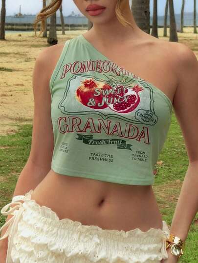 ROMWE Pomegranate Babe Vintage Fruit Poster Style English Retro Print Sleeveless Tank Top For Women