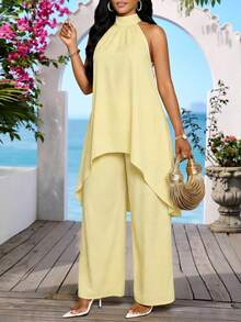 SHEIN Lady 女士优雅纯色吊带上衣和裤子两件套，夏季 - 黃色 - 查看 4
