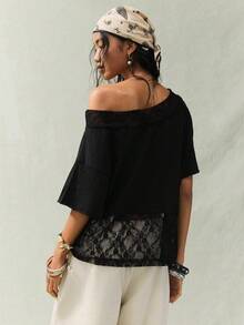 SoleilVie 女士蕾丝拼接不对称领上衣，黑色蕾丝短袖不对称肩部上衣，夏季服装 - 黑色 - 查看 5