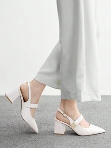 CUCCOO BIZCHIC 女士鞋履 春秋季尖头粗跟中跟米色金属扣装饰女士露跟鞋 时尚经典简约通勤约会派对假日度假女士高跟鞋 - 象牙白 - 查看 4