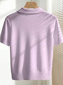 Nuevo 2026 Blusa de punto de unicolor simple con cuello vuelto y manga corta, ajustada y casual, versátil para primavera y verano - Marrón - Ver 8